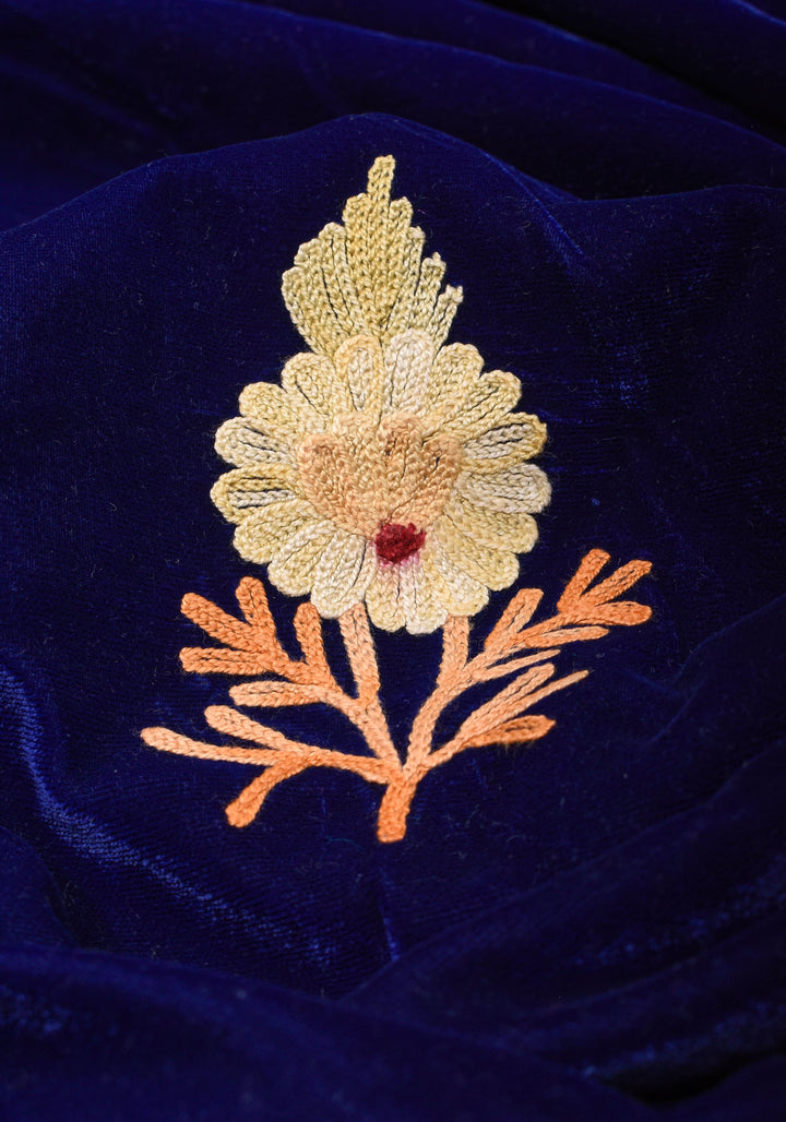 Exquisite Blue Velvet Saree with Kashmiri Aari Style Floral Embroidery. Shobitam Signature Collection