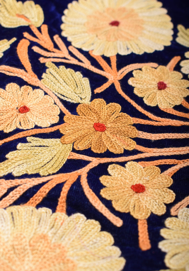 Exquisite Blue Velvet Saree with Kashmiri Aari Style Floral Embroidery. Shobitam Signature Collection