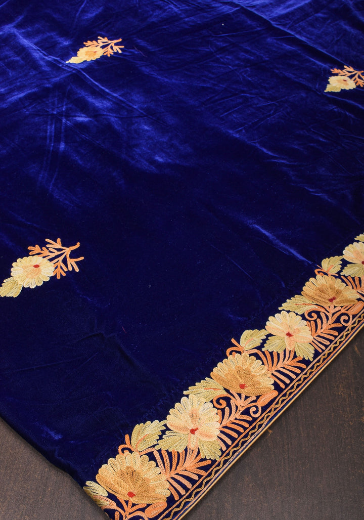 Exquisite Blue Velvet Saree with Kashmiri Aari Style Floral Embroidery. Shobitam Signature Collection