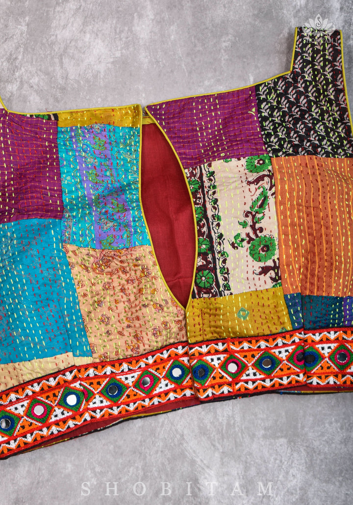 Kantha Patch Work Multicolor Boat Neck Cotton Blouse with Kutch Embroidery detailing