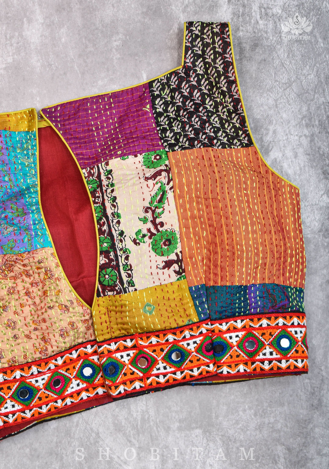 Kantha Patch Work Multicolor Boat Neck Cotton Blouse with Kutch Embroidery detailing
