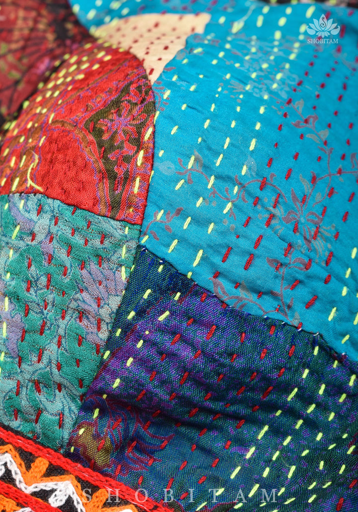 Kantha Patch Work Multicolor Boat Neck Cotton Blouse with Kutch Embroidery detailing