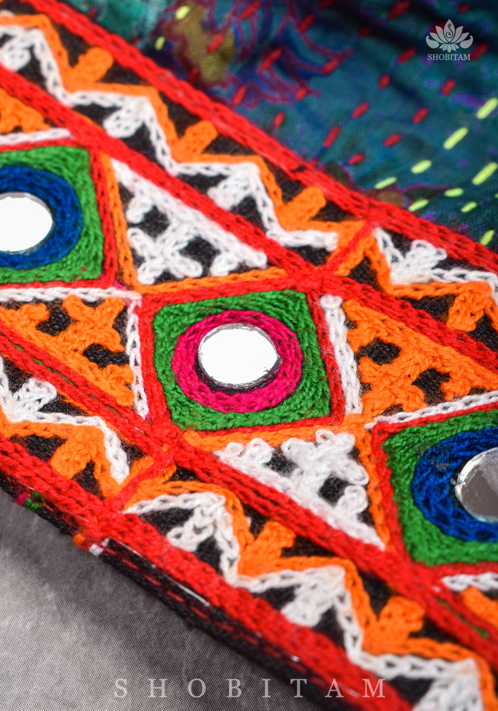 Kantha Patch Work Multicolor Boat Neck Cotton Blouse with Kutch Embroidery detailing