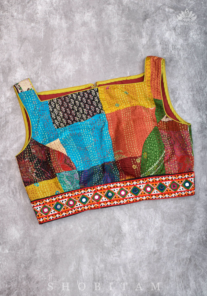 Kantha Patch Work Multicolor Boat Neck Cotton Blouse with Kutch Embroidery detailing