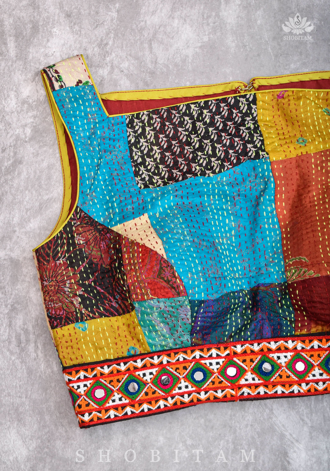 Kantha Patch Work Multicolor Boat Neck Cotton Blouse with Kutch Embroidery detailing