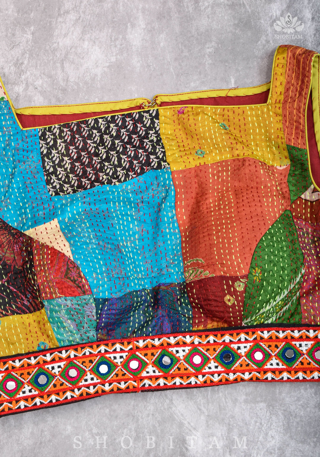 Kantha Patch Work Multicolor Boat Neck Cotton Blouse with Kutch Embroidery detailing