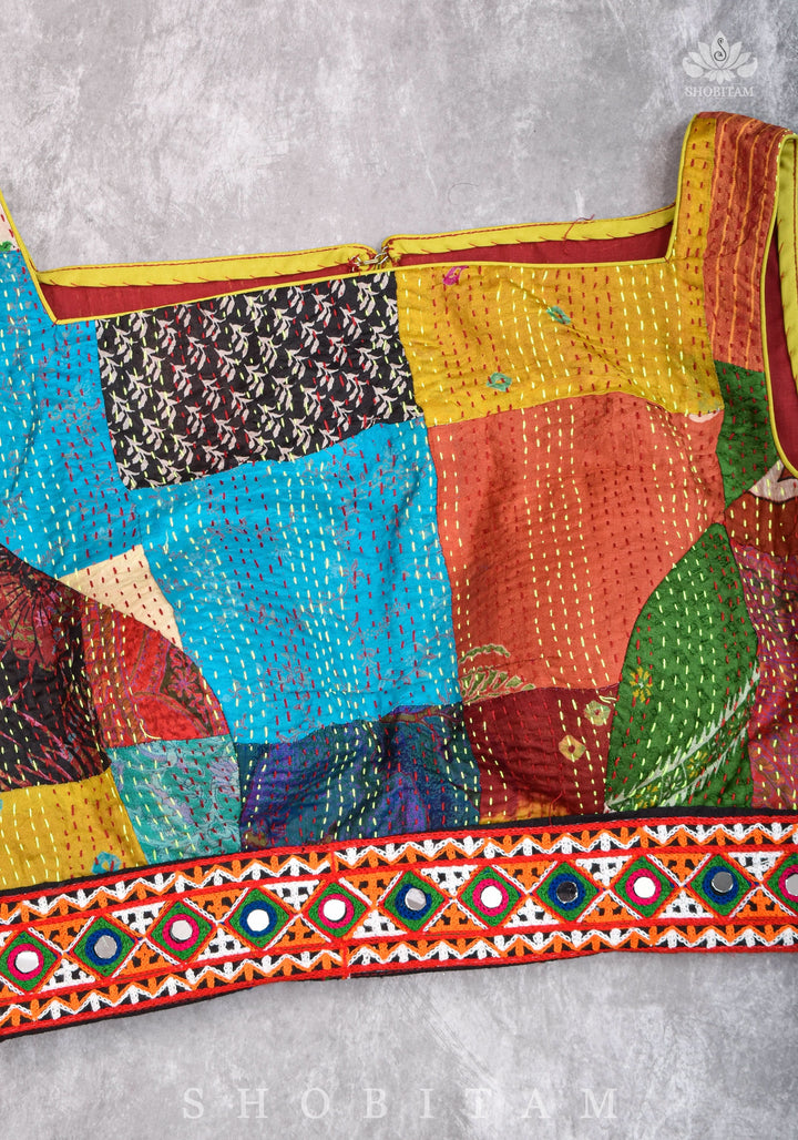 Kantha Patch Work Multicolor Boat Neck Cotton Blouse with Kutch Embroidery detailing