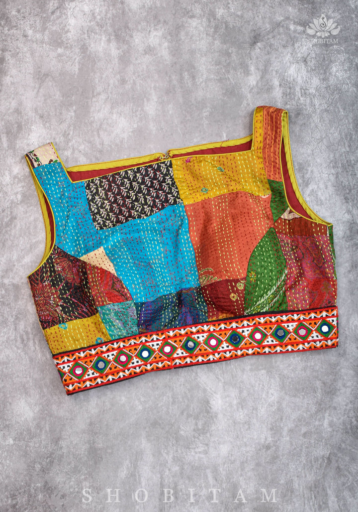 Kantha Patch Work Multicolor Boat Neck Cotton Blouse with Kutch Embroidery detailing