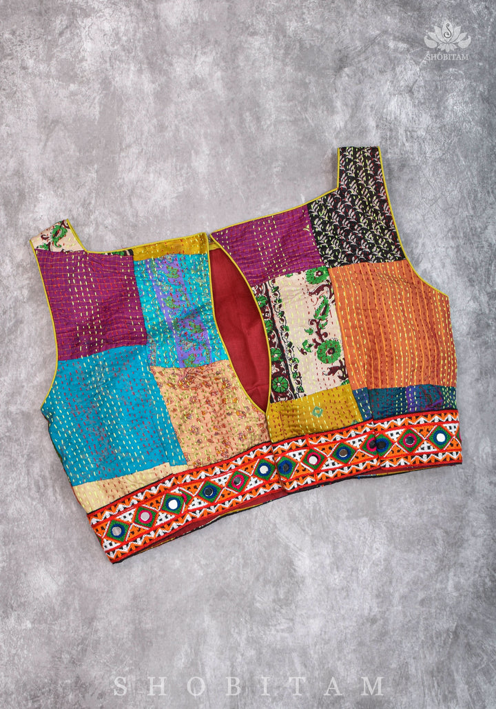 Kantha Patch Work Multicolor Boat Neck Cotton Blouse with Kutch Embroidery detailing