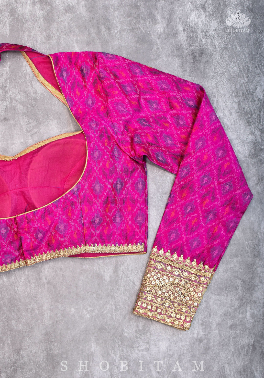 Authentic Ikkat weave on Pure Raw Silk Full Sleeve Blouse with Gotta embellishments