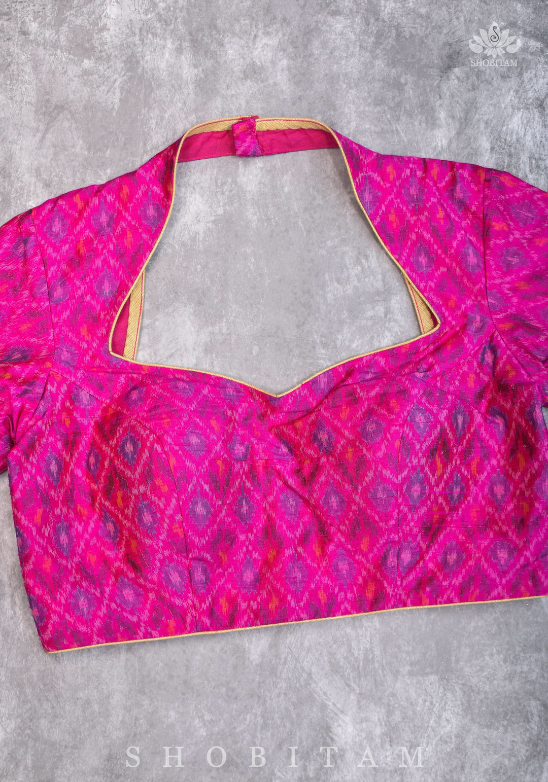 Authentic Ikkat weave on Pure Raw Silk Full Sleeve Blouse with Gotta embellishments