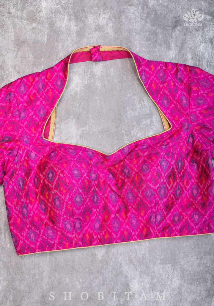 Authentic Ikkat weave on Pure Raw Silk Full Sleeve Blouse with Gotta embellishments