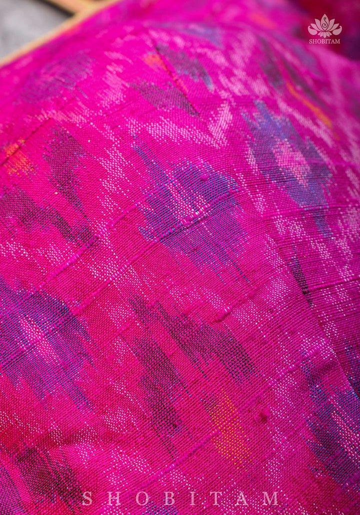 Authentic Ikkat weave on Pure Raw Silk Full Sleeve Blouse with Gotta embellishments