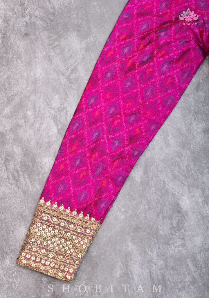 Authentic Ikkat weave on Pure Raw Silk Full Sleeve Blouse with Gotta embellishments