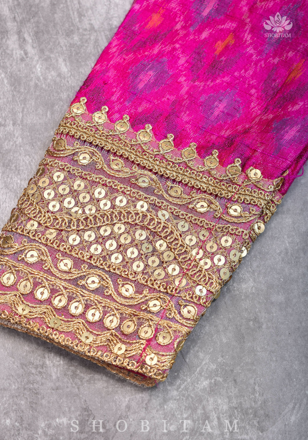 Authentic Ikkat weave on Pure Raw Silk Full Sleeve Blouse with Gotta embellishments