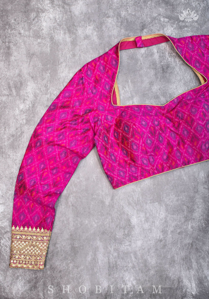 Authentic Ikkat weave on Pure Raw Silk Full Sleeve Blouse with Gotta embellishments
