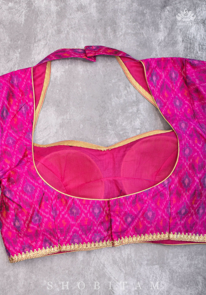 Authentic Ikkat weave on Pure Raw Silk Full Sleeve Blouse with Gotta embellishments