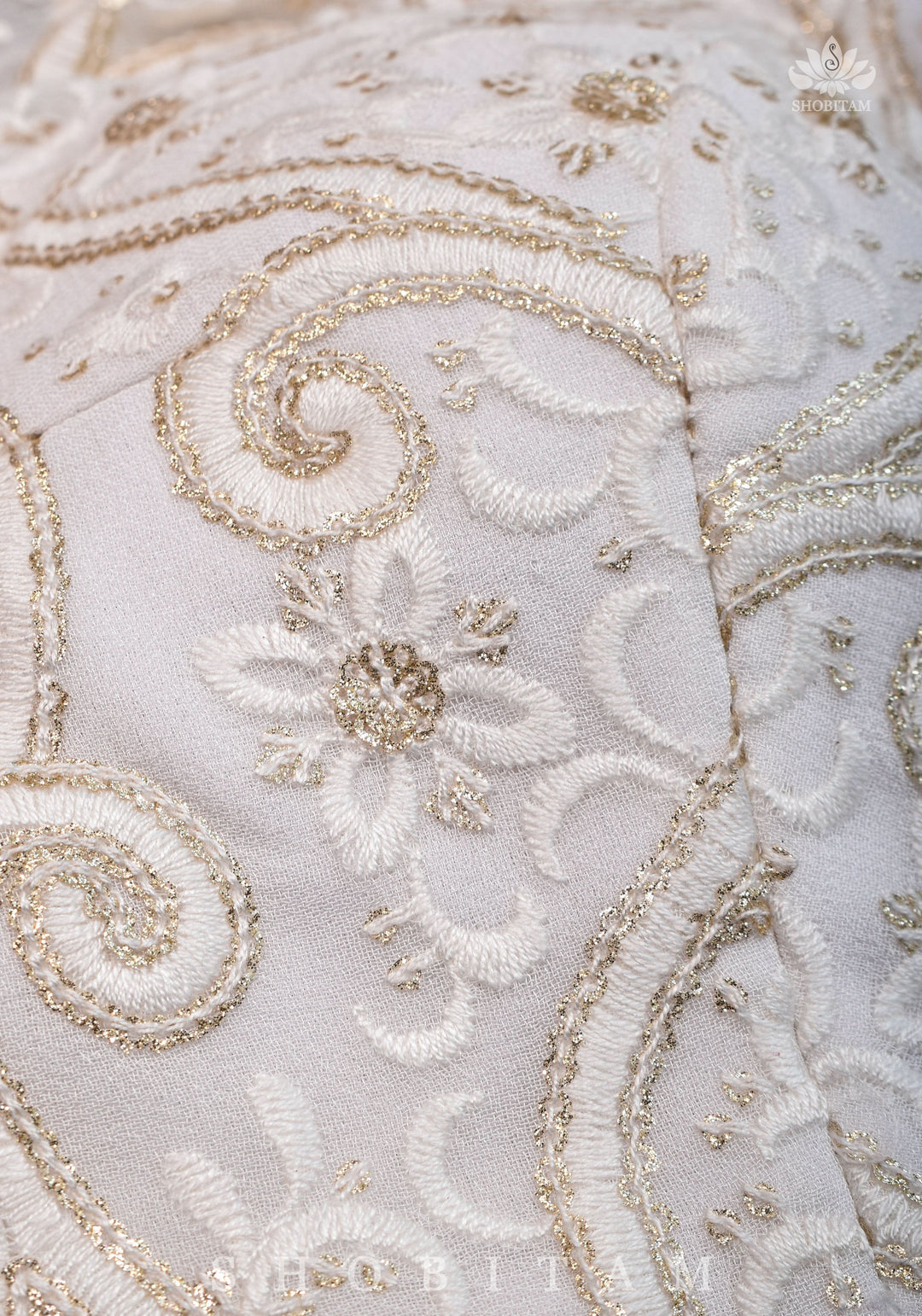 Chikankari style Full Jaal machine embroidered full sleeves blouse in Ivory Georgette with Gold tone highlights