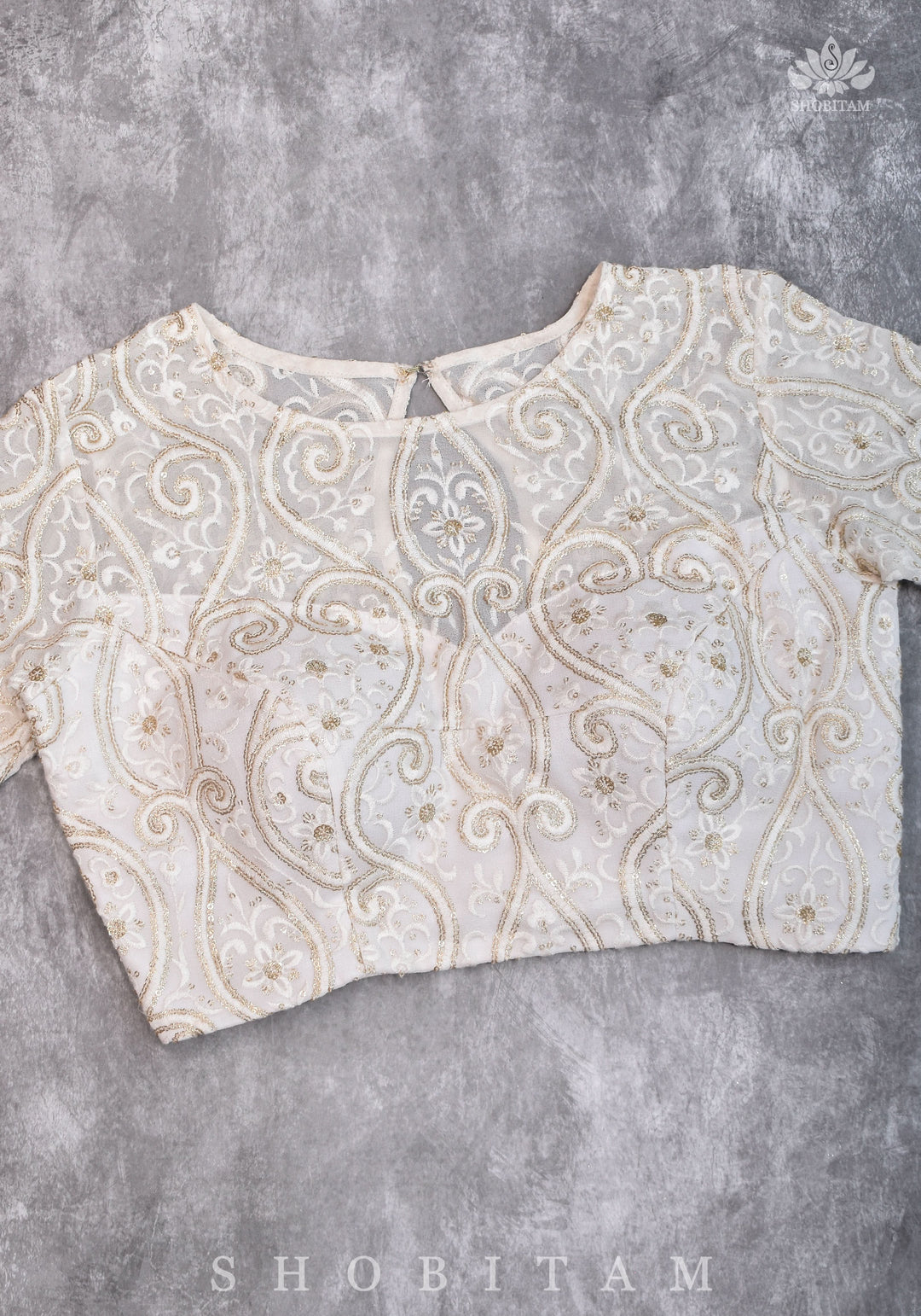 Chikankari style Full Jaal machine embroidered full sleeves blouse in Ivory Georgette with Gold tone highlights