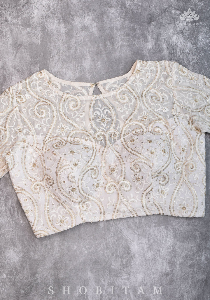 Chikankari style Full Jaal machine embroidered full sleeves blouse in Ivory Georgette with Gold tone highlights