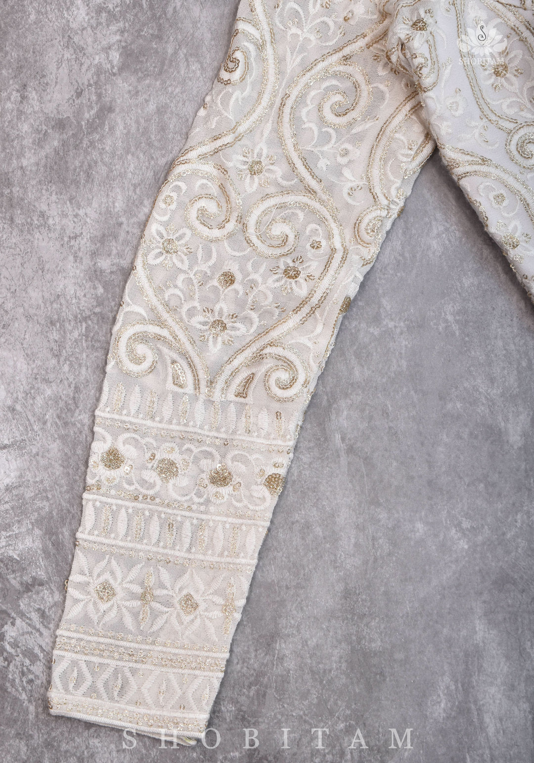 Chikankari style Full Jaal machine embroidered full sleeves blouse in Ivory Georgette with Gold tone highlights