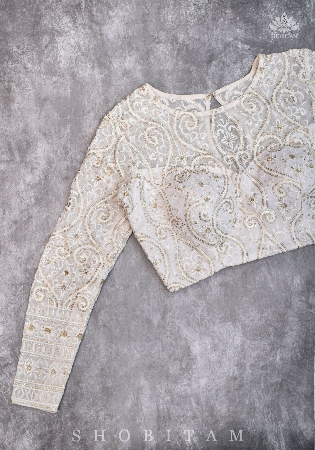 Chikankari style Full Jaal machine embroidered full sleeves blouse in Ivory Georgette with Gold tone highlights
