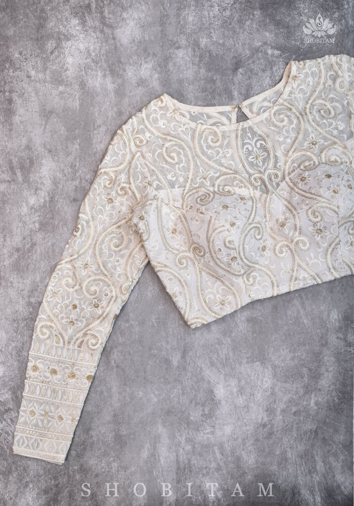 Chikankari style Full Jaal machine embroidered full sleeves blouse in Ivory Georgette with Gold tone highlights