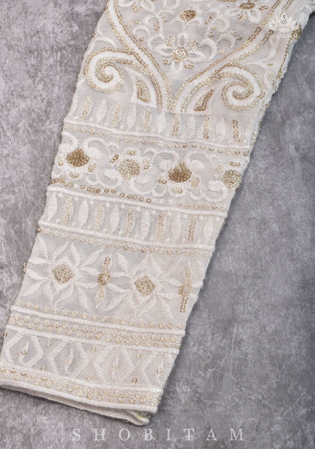 Chikankari style Full Jaal machine embroidered full sleeves blouse in Ivory Georgette with Gold tone highlights