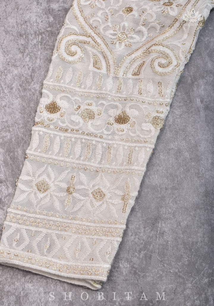 Chikankari style Full Jaal machine embroidered full sleeves blouse in Ivory Georgette with Gold tone highlights