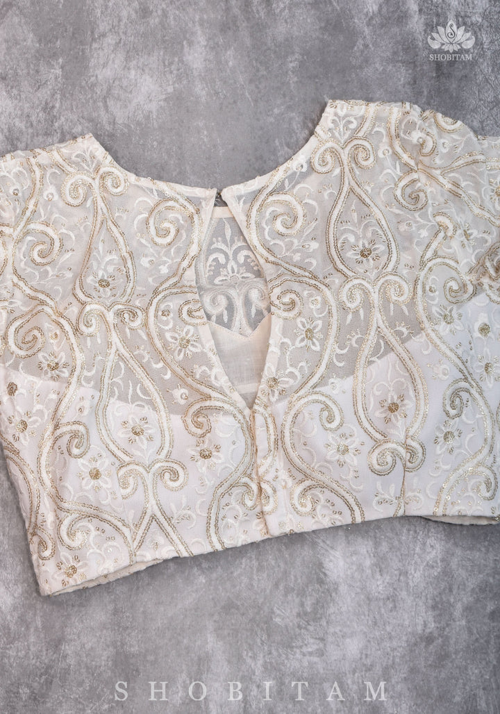 Chikankari style Full Jaal machine embroidered full sleeves blouse in Ivory Georgette with Gold tone highlights