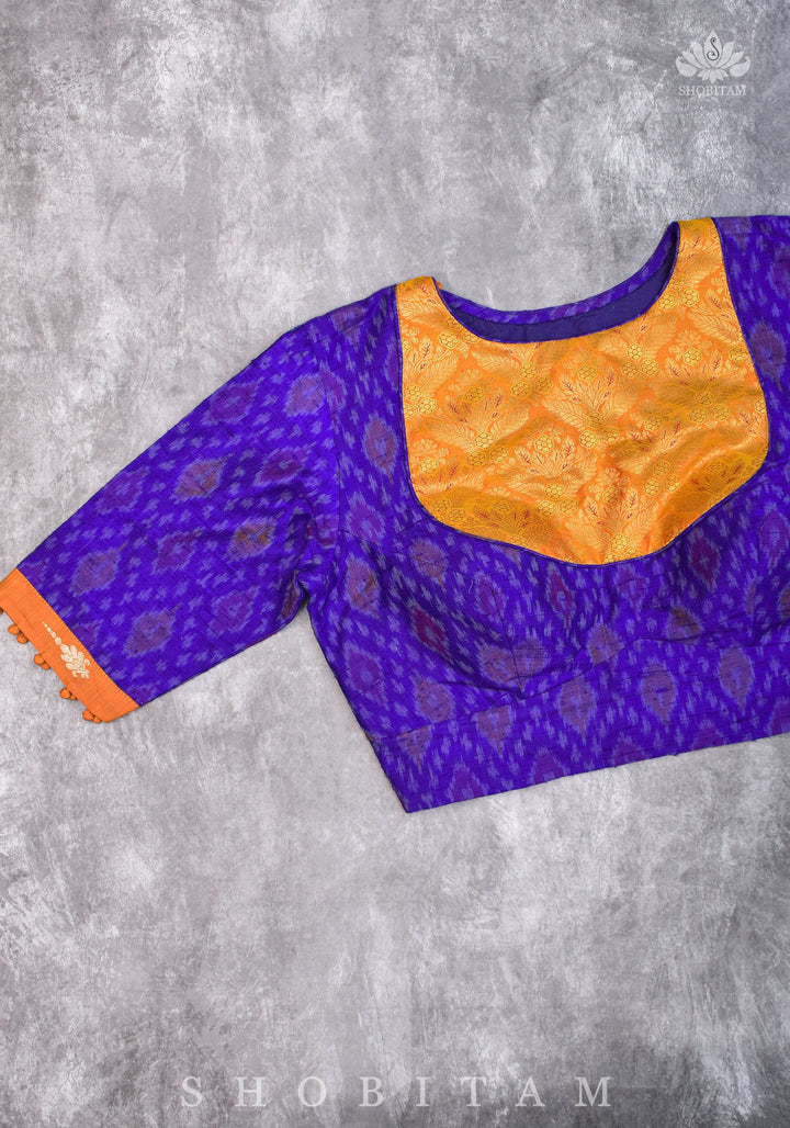 Asymmetric Cutout Pure Silk Ikkat Raw Silk and kanjivaram Silk brocade Fusion Blouse