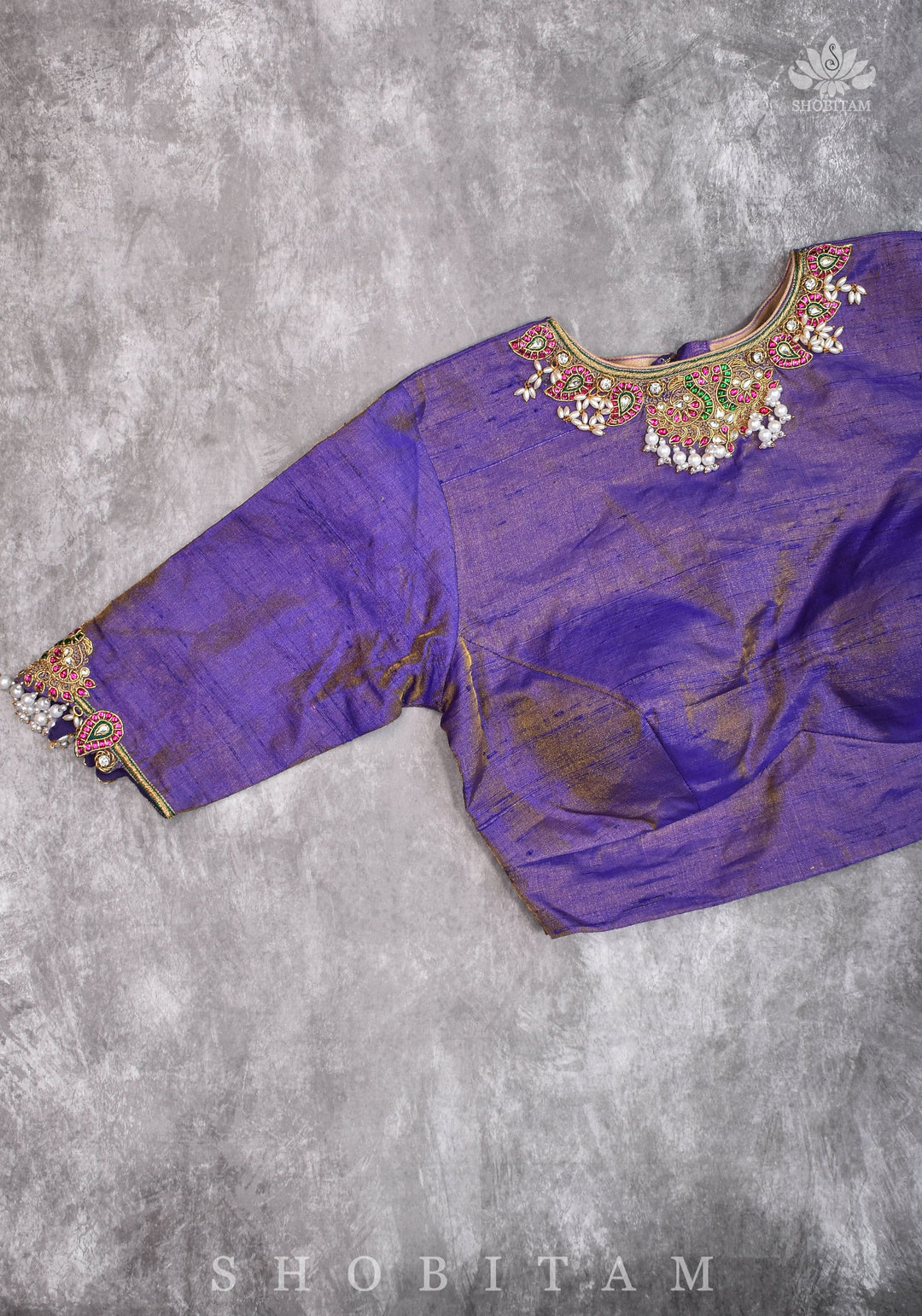 Guttapusalu and bajuband handwork on exotic Pure Tissue Raw Silk Blouse in Lilac