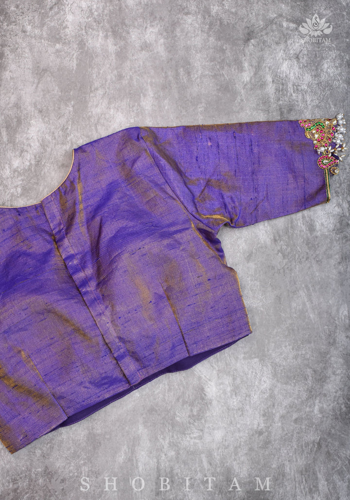 Guttapusalu and bajuband handwork on exotic Pure Tissue Raw Silk Blouse in Lilac