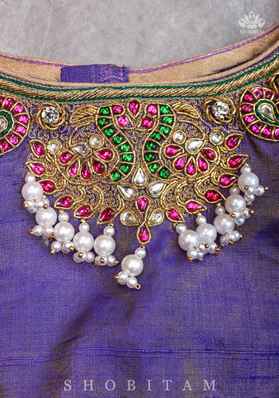 Guttapusalu and bajuband handwork on exotic Pure Tissue Raw Silk Blouse in Lilac