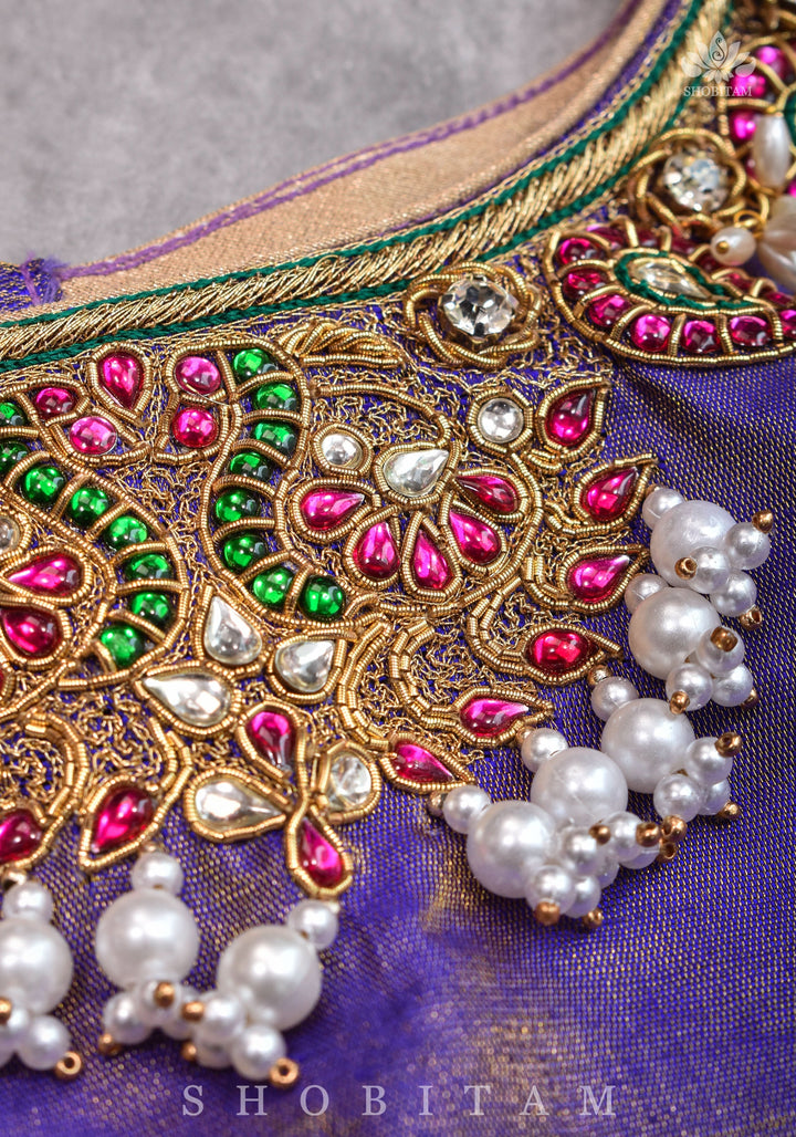 Guttapusalu and bajuband handwork on exotic Pure Tissue Raw Silk Blouse in Lilac