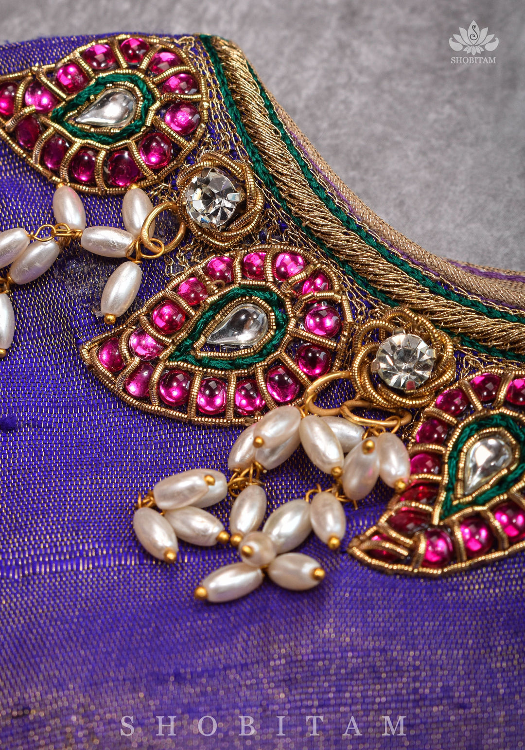 Guttapusalu and bajuband handwork on exotic Pure Tissue Raw Silk Blouse in Lilac