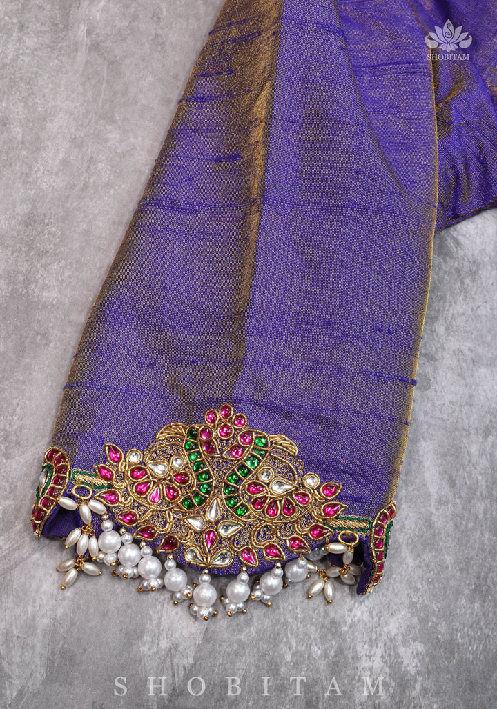 Guttapusalu and bajuband handwork on exotic Pure Tissue Raw Silk Blouse in Lilac
