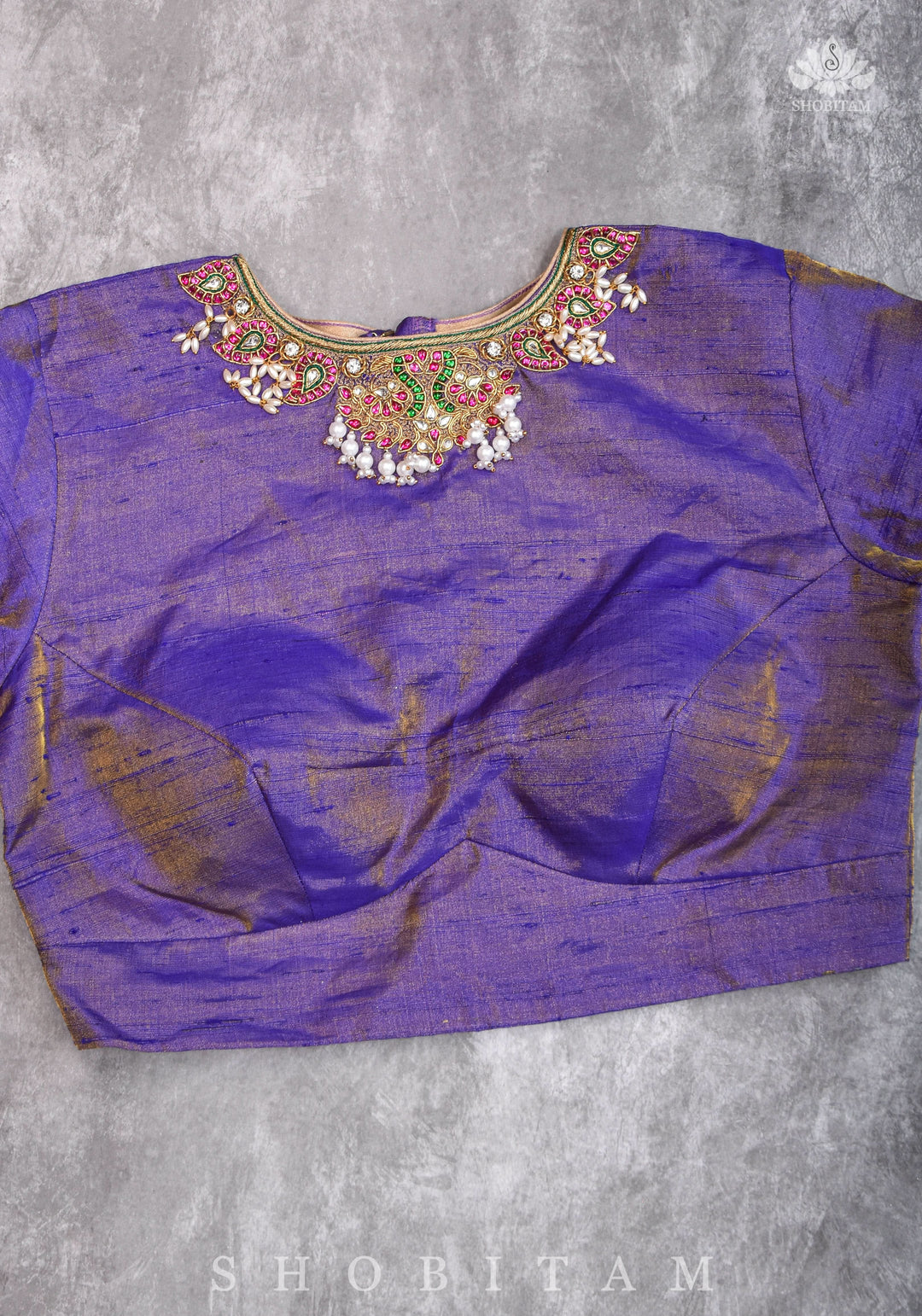 Guttapusalu and bajuband handwork on exotic Pure Tissue Raw Silk Blouse in Lilac