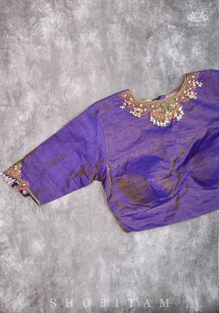 Guttapusalu and bajuband handwork on exotic Pure Tissue Raw Silk Blouse in Lilac