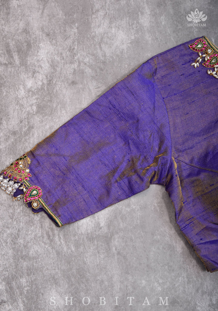 Guttapusalu and bajuband handwork on exotic Pure Tissue Raw Silk Blouse in Lilac