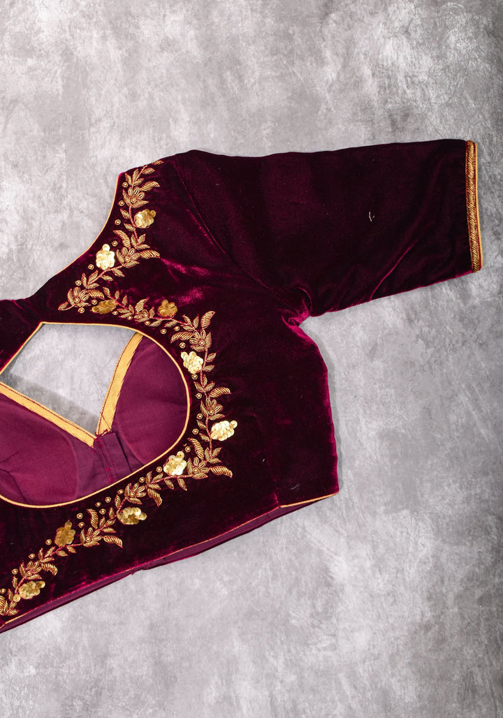 Velvet Blouse in Maroon with Zardosi and Sequin Work | Made to Order
