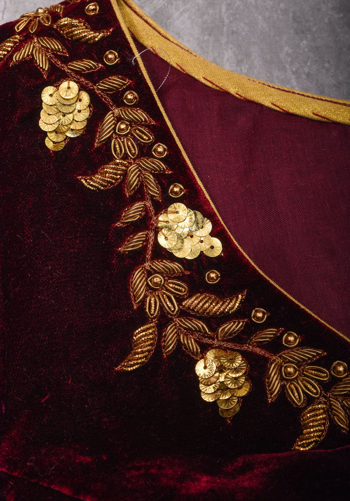 Velvet Blouse in Maroon with Zardosi and Sequin Work | Made to Order