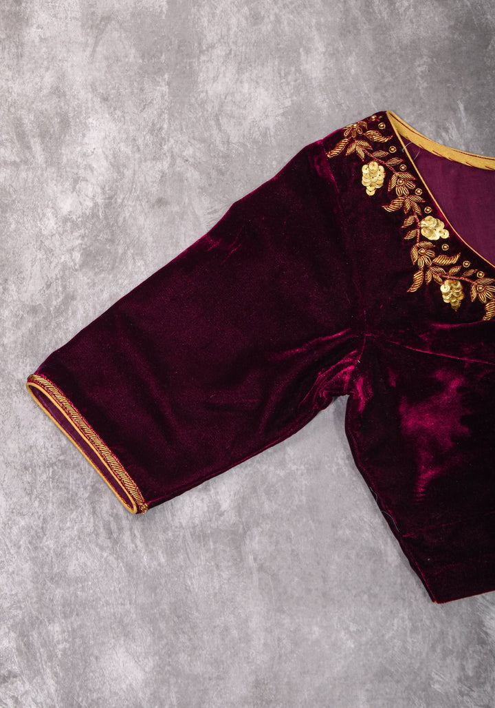 Velvet Blouse in Maroon with Zardosi and Sequin Work | Made to Order