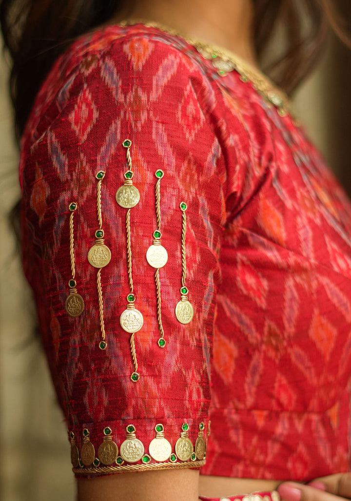 Lakshmi Kaasu Handwork on Woven Ikkat Pure Raw Silk Blouse in Red