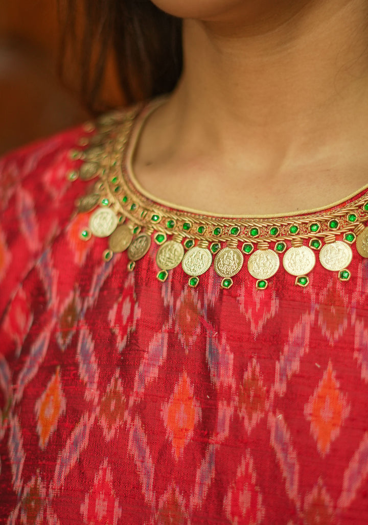 Lakshmi Kaasu Handwork on Woven Ikkat Pure Raw Silk Blouse in Red