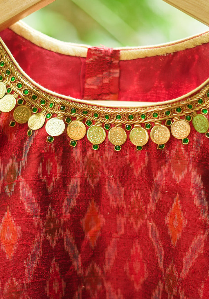 Lakshmi Kaasu Handwork on Woven Ikkat Pure Raw Silk Blouse in Red