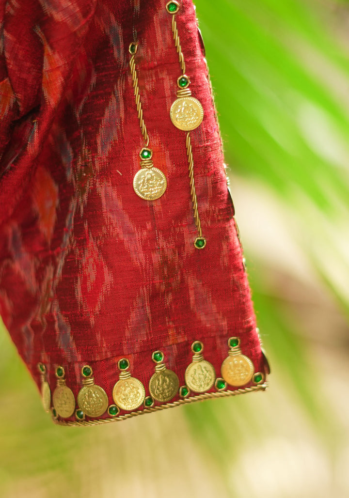 Lakshmi Kaasu Handwork on Woven Ikkat Pure Raw Silk Blouse in Red