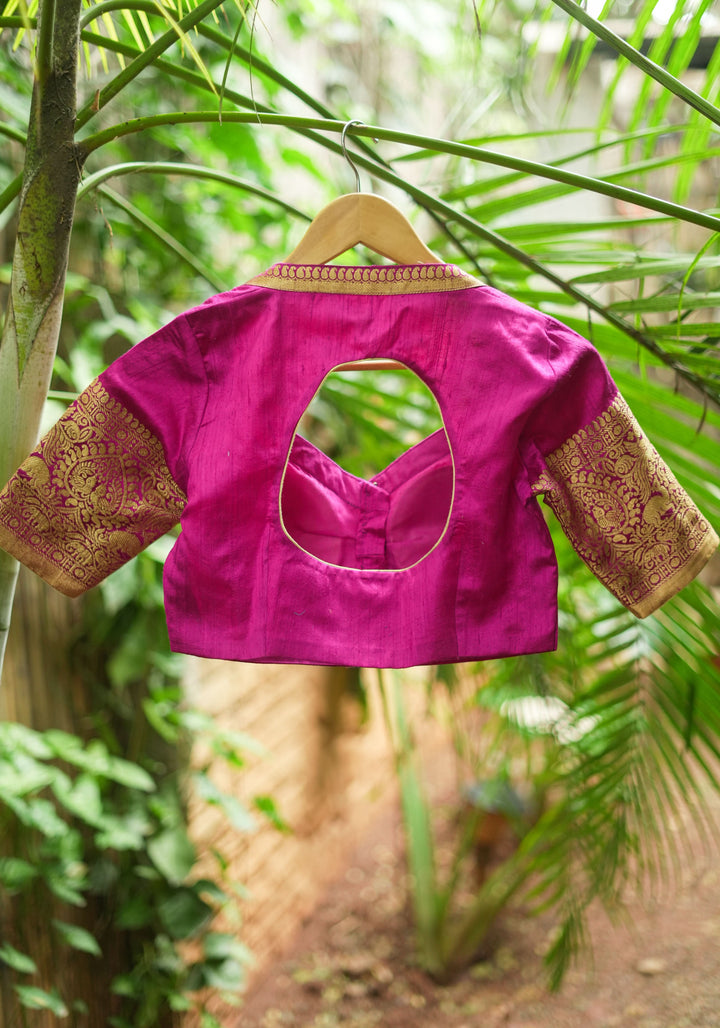 Pure Raw Silk Blouse with Vanasingaram Zari Sleeves and diamond neck in Rani Pink