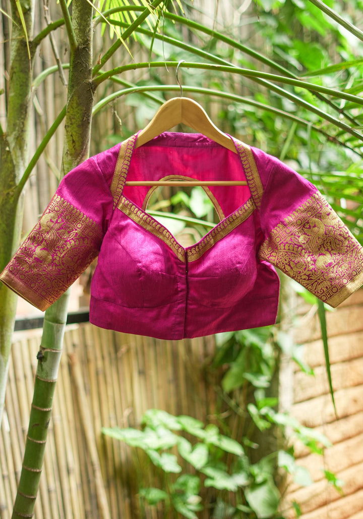 Pure Raw Silk Blouse with Vanasingaram Zari Sleeves and diamond neck in Rani Pink