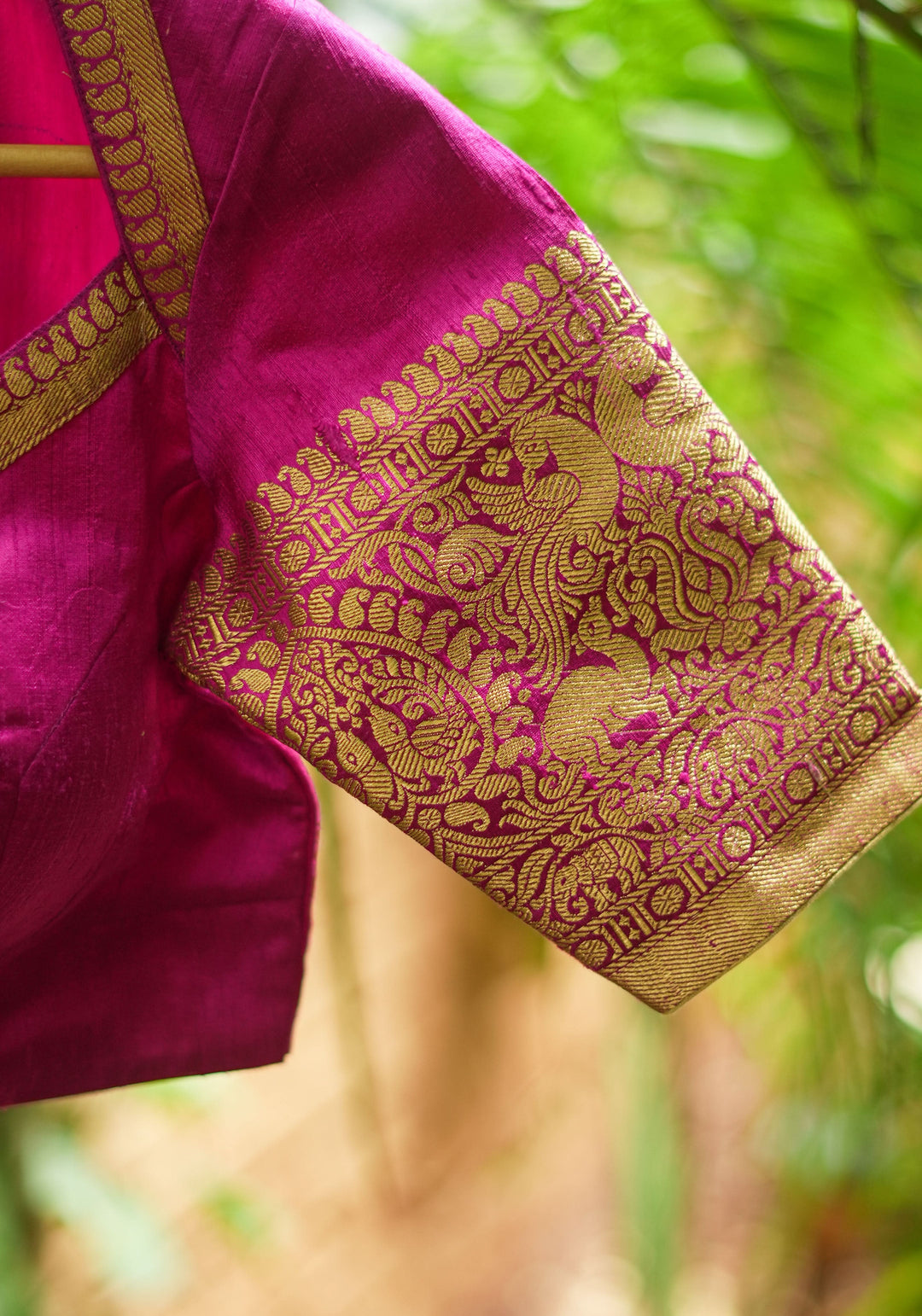 Pure Raw Silk Blouse with Vanasingaram Zari Sleeves and diamond neck in Rani Pink